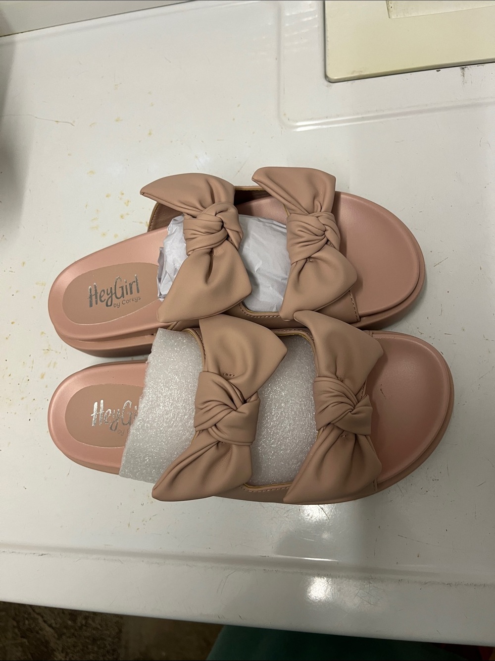 HeyGirl Bow-Accent Slide Sandals in Nude for Women